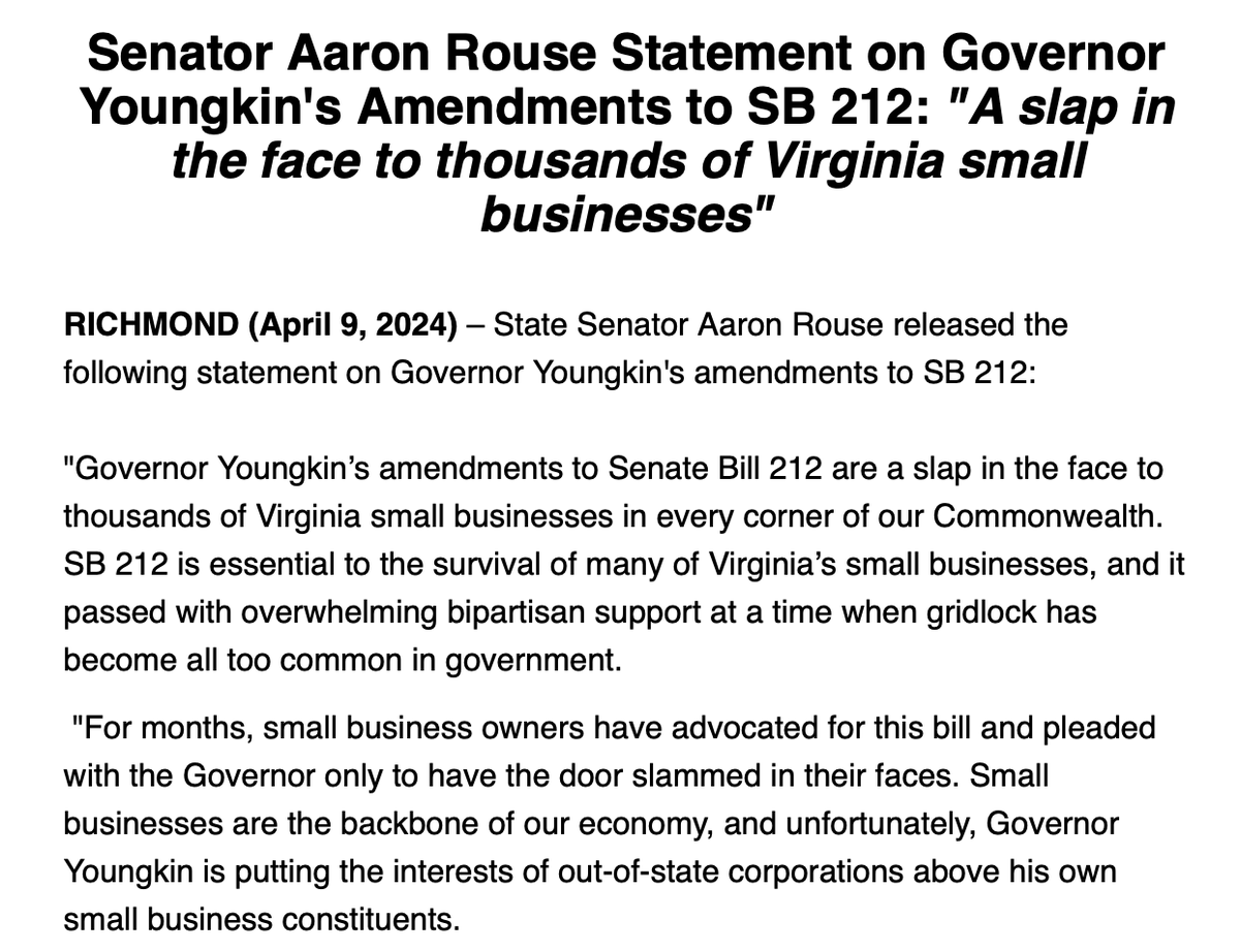 .@AaronRouseVaBch, a sponsor of the skill game bill, isn't happy about Youngkin's amendments. He says the bipartisan coalition that passed the bill will work to make sure 'the harmful provisions put into place by Governor Youngkin do not advance'