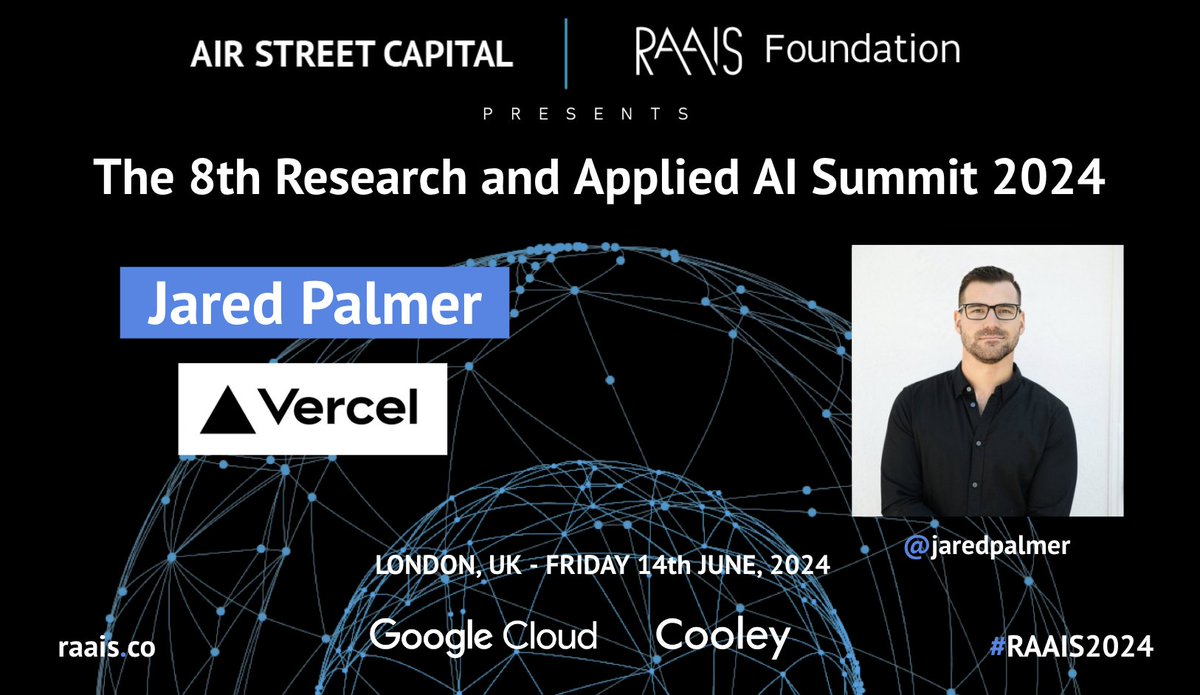 ai-first design is coming to frontends with full force there's no company better placed to drive this future than @vercel and there's no better leader than @jaredpalmer to share best practices from the field (incl. launching v0!) excited to have you at @raais 2024! RSVP ⬇️