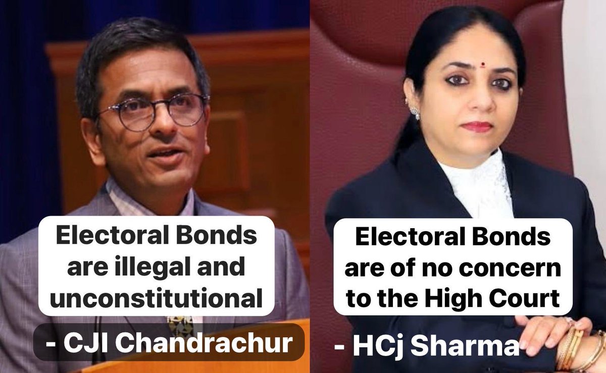 🚨SHARE MAXIMUM 

CJI himself destroyed entire arguments in favor of electoral bonds & made it illegal 

While Delhi HC high court justice suwarna kanta sharma nothing has categorically dismissed charges made by #ArvindKejiwal against Enforcement Directorate and said it is of no…