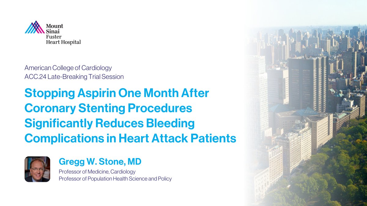 Results from the ULTIMATE-DAPT study led by Dr. @GreggWStone found that withdrawing aspirin one month after percutaneous coronary intervention in high-risk heart patients and keeping them on ticagrelor alone safely improves outcomes: mshs.co/3xtAqNh #ACC24 @ACCinTouch