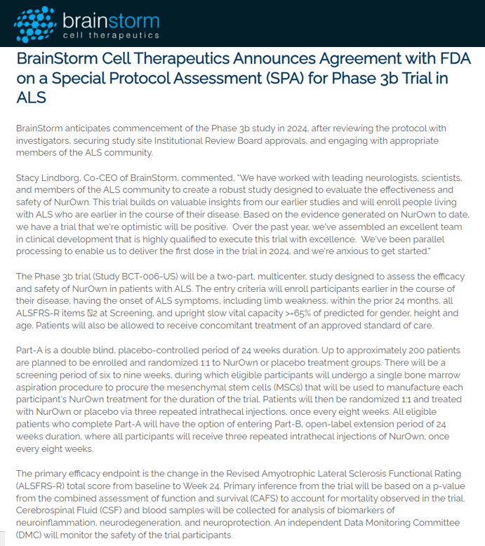 GREAT NEWS!  The FDA has approved the Phase 3b trial design for #NurOwn aka debamestrocel!

TRIAL DESIGN 
🔹≈200 trial participants
🔹1:1 placebo ratio
🔹24 wk double-blinded trial
🔹24 wk OLE where all participants can get NurOwn
🔹6-9 wk screening to do Bone Marrow Aspiration…