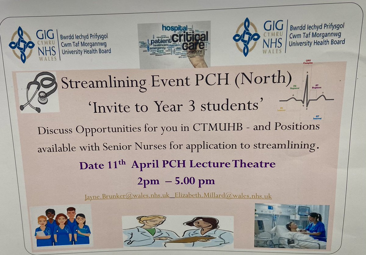 Just a reminder to yr 3 students - the careers event is running in PCH at 2pm Thursday in the lecture theatre. Hope to see you there. <a href="/CwmtafNursEd/">Cwm Taf Morgannwg Nurse Education</a> <a href="/USWHealthcare/">USW Healthcare</a> @USWNurSoc