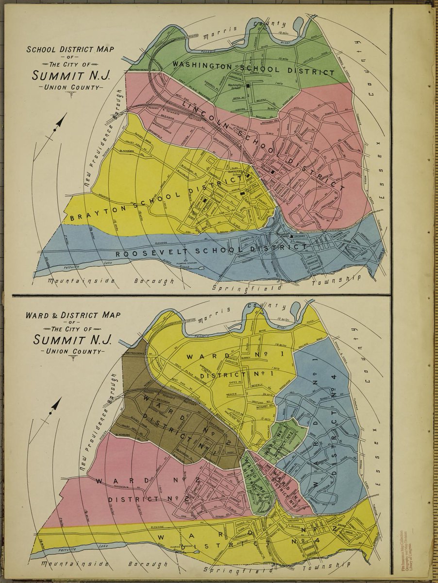 This Sanborn atlas of Summit, New Jersey from 1922 is somewhat unusual: it features colorful maps of ward and school district boundaries on the first page. Check it out here: loc.gov/resource/g3814…