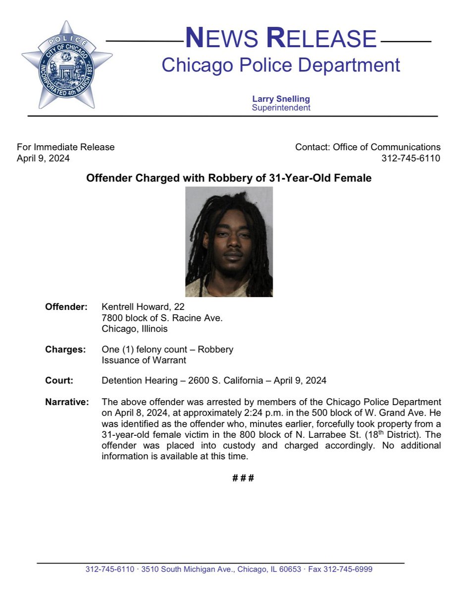 Offender Charged with Robbery of 31-Year-Old Female @ChicagoCAPS18 (Near North) @Area3Detectives #ChicagoPolice