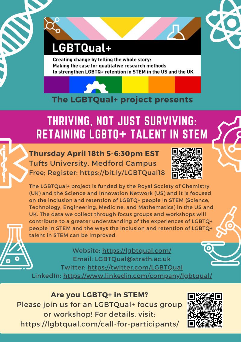 Pls RT: Thriving, not just surviving: Retaining LGBTQ+ talent in STEM April 18 5pm EST at @TuftsUniversity /hybrid Register bit.ly/LGBTQual18 @LGBTQual funded by @RoySocChem @UKSINet @SciTechgovuk Team @marcoreggiani_ @Jess_Gagnon @softmattrtheory @RamonBarthelemy /1