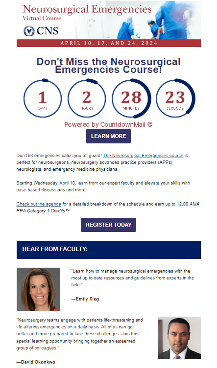 The countdown is on! The @CNS_Update 2024 Neurosurgical Emergencies Virtual Course starts tomorrow & our own Dr. Emily Sieg is one of the many speakers! Don't miss this opportunity! #UofLNeurosurgery #Neurosurgery #NeurosurgicalEmergencies #MedTwitter @UofLHealth @UofL