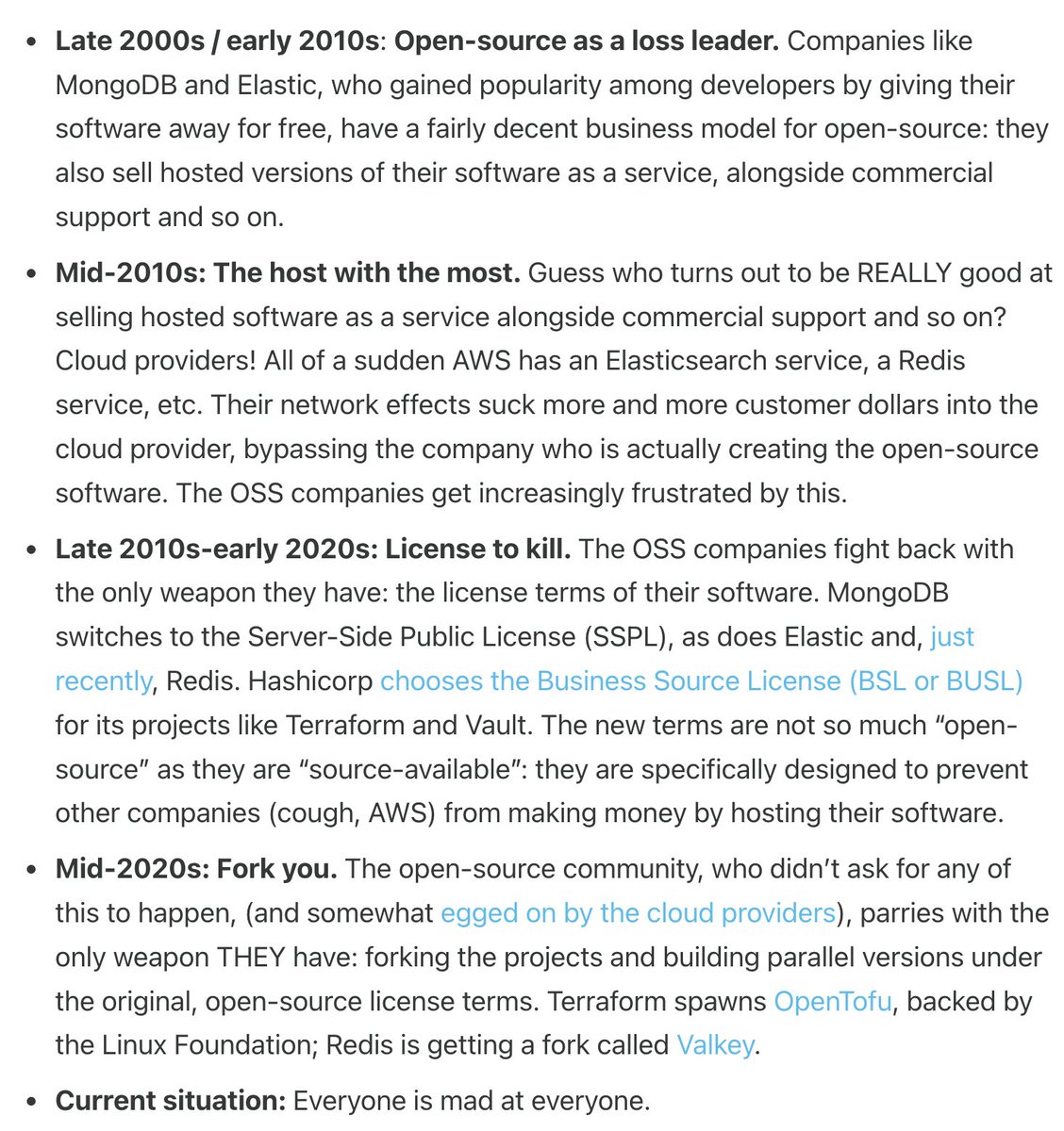 My attempt to summarize how the business of open source got into its current nonsensical condition. The XZ attack isn't nearly as much of a threat to the future of open-source as the increasing possibility that it might all be lawyered to death. newsletter.goodtechthings.com/p/the-threat-t…