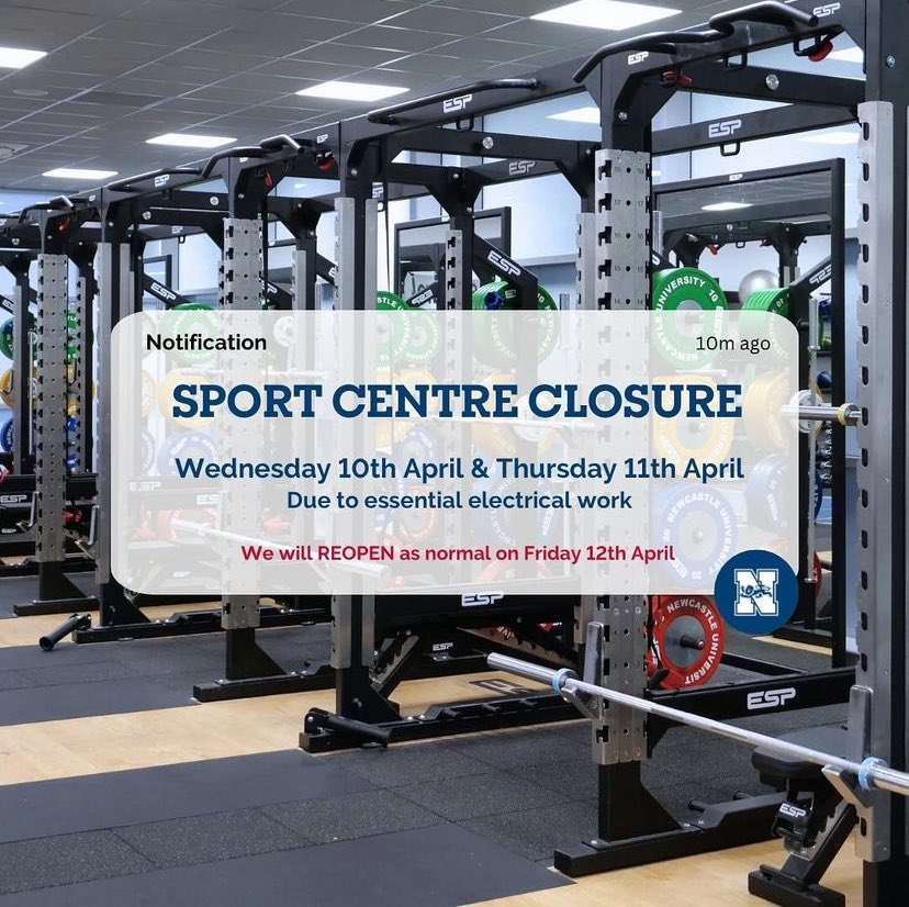 🚨ANNOUNCEMENT🚨

The Sport &amp; Fitness Centre will be CLOSED all day on Wednesday 10th &amp; Thursday 11th April due to essential electrical work ⚡️

We apologise for any inconvenience this may cause. 

We will RE-OPEN as normal on Friday 12th April!! 💪

#WeAreNCL
