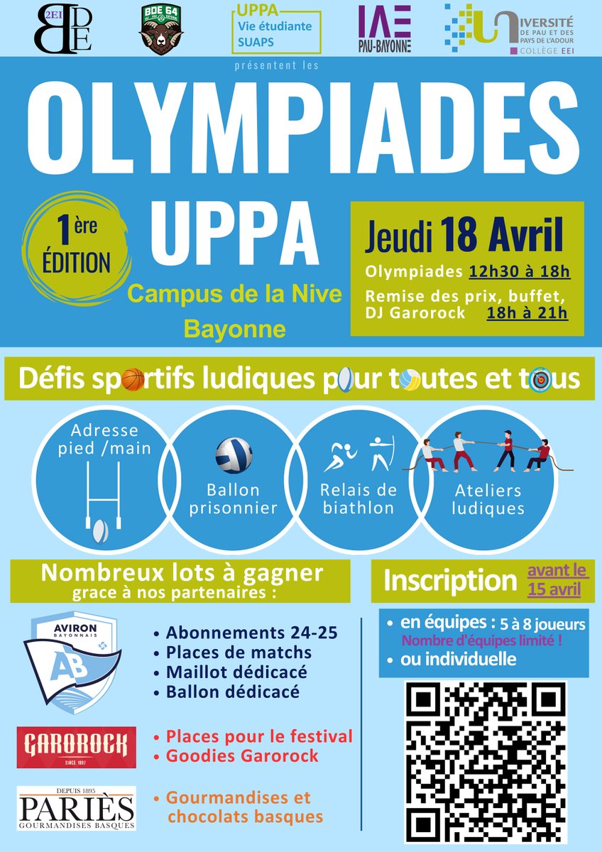 📅 Jeudi 18 avril 2024 - 1ère édition des Olympiades de l'UPPA 🏅🎽 Les 1ères Olympiades UPPA vont faire vibrer le campus de la Nive à Bayonne. Ouvertes à tous les étudiants des campus de l'UPPA, l'après-midi s'annonce riche, conviviale et festive. univ-pau.fr/fr/agenda/prem…