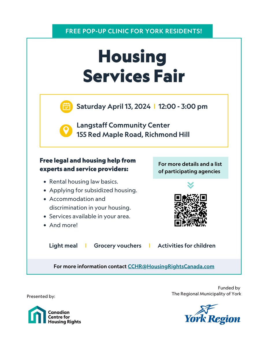 Attn. York residents: on April 13, join us for an in-person Housing Services Fair! Get free legal & housing help from experts & service providers on rental law, subsidized housing applications, discrimination, services in your area & more! Details: housingrightscanada.com/event/housing-…