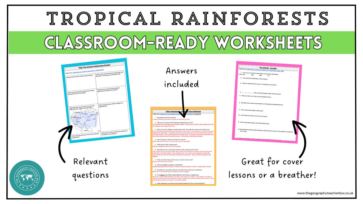 Teaching about tropical rainforests?
Grab the question and answer sheets linked to 6 different documentaries inside the GTB vault!

#geographyteacher