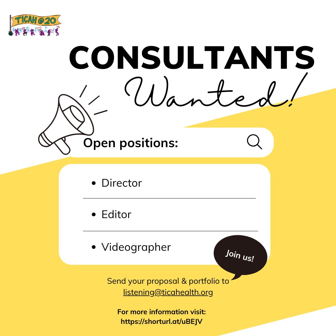 #IkoKazi #kot Seeking consultants for short film production. Join us in commemorating TICAH's 20th anniversary with a captivating short film! We're seeking passionate individuals for Director, Videographer, and Editor roles to bring this vision to life. ticahealth.org/resources/rfps…