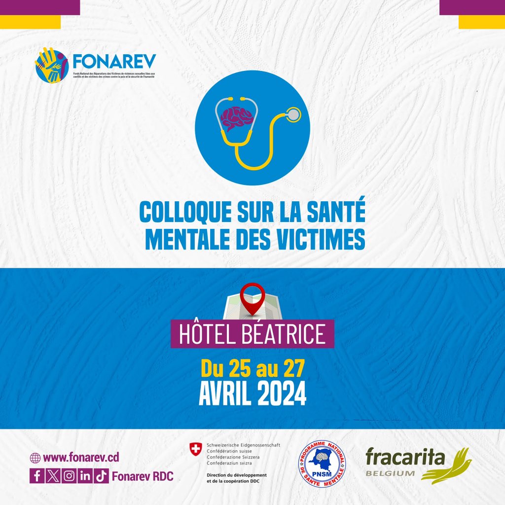 Le FONAREV en collaboration avec FRACARITA, le Programme National de Santé Mentale (PNSM), la Direction du Développement et de la coopération Suisse, organise un colloque sur la Santé Mentale des Victimes de Violences liées aux Conflits. Pour participer, veuillez vous…