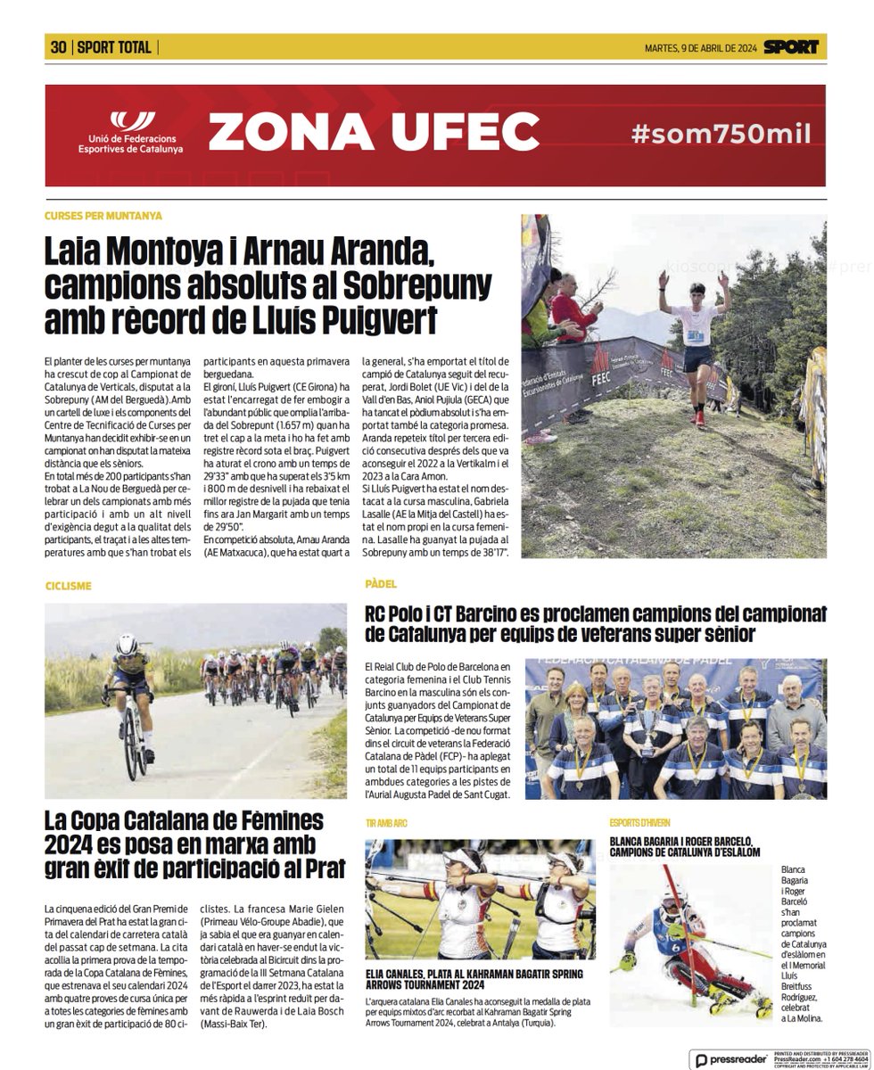 🗞️  A les pàgines de l' @sport @UFECcat el campionat de Catalunya de Curses Verticals. 

El cim del Sobrepuny ⛰️🏃‍♀️ va decidir els campions nacionals. 

#sentlamuntanya #sommuntanya #cursesfeec
