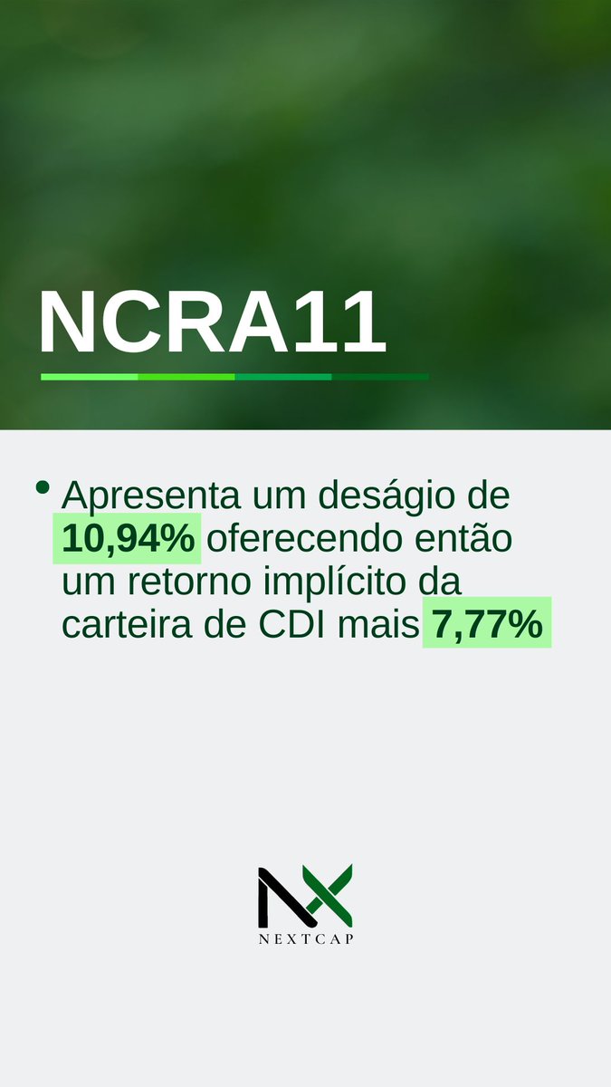 NextCapAsset's tweet image. NCRA11 Apresenta um deságio de 10,94% oferecendo então um retorno implícito da carteira de CDI mais 7,77% 

Se interessou pelo NCRA11? Entre em contato conosco!

Nossas redes: 
Instagram: @nextcapasset

LinkedIn: NextCap Fundos deInvestimento 
Twitter: @nextcapasset

Youtube:…