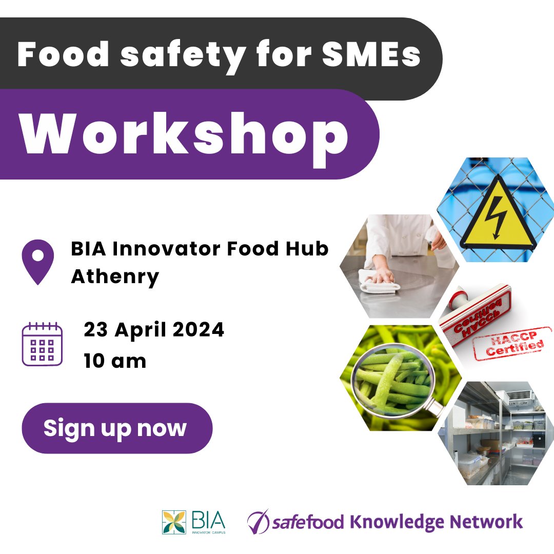 📣 Sign up for our FREE food safety workshop at the BIA Innovator Food Hub in Athenry, Galway, on 23 April. It will cover food allergens, pest control and HACCP. Register now: safefood.net/professional/e… @FSAIinfo @VFIpubs @hospitality_irl @RAI_ie