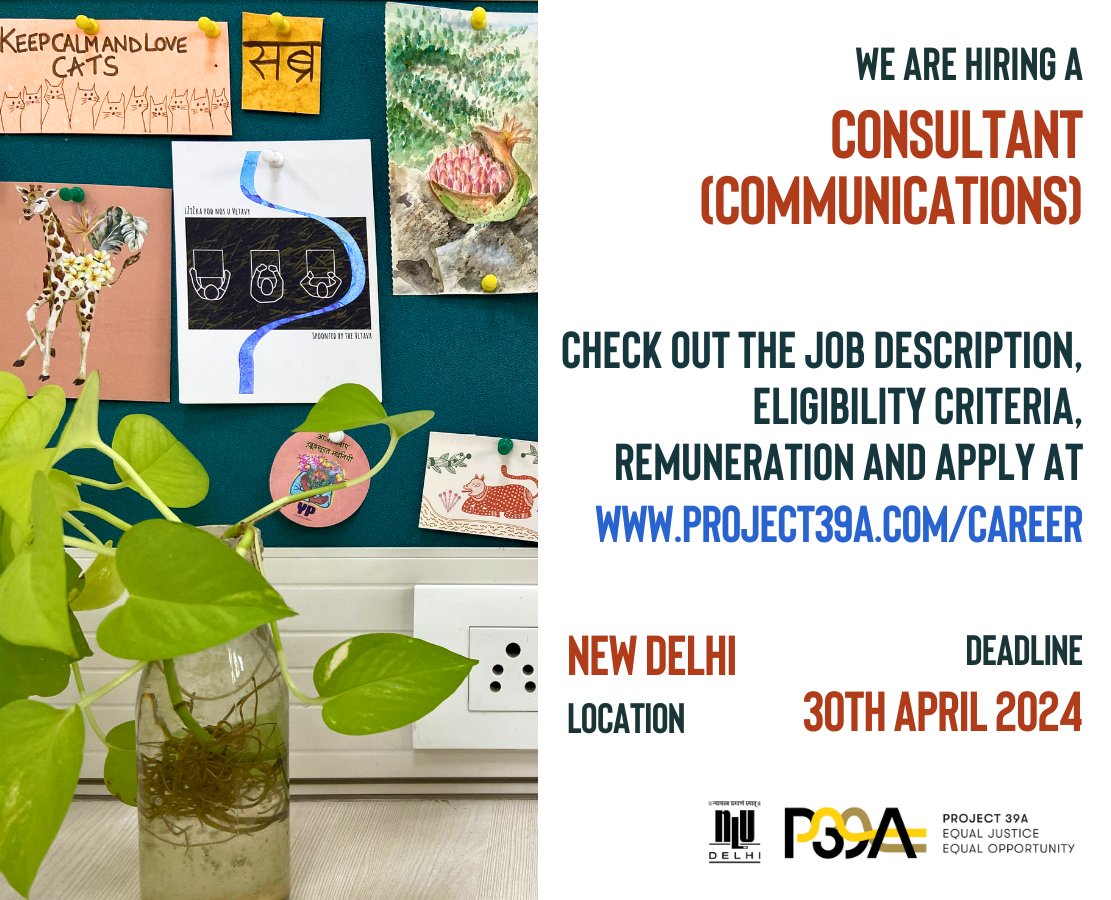 📢 Hiring Call! We are #hiring a Consultant (Communications) to lead communications strategy on Project 39A's criminal justice work. 🎓Qualifications: Bachelors in marketing/communications/journalism/law etc. 📅Deadline: 30.04.24 📍Location: Delhi Apply: bit.ly/3xEm6S0