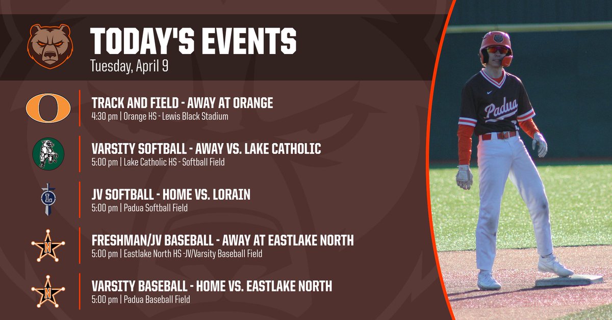 It's a busy day for the Bruins! Also, good luck to Padua Boys Tennis as they host Fairview at Veterans Memorial Park!! 🏃🥎⚾️🎾