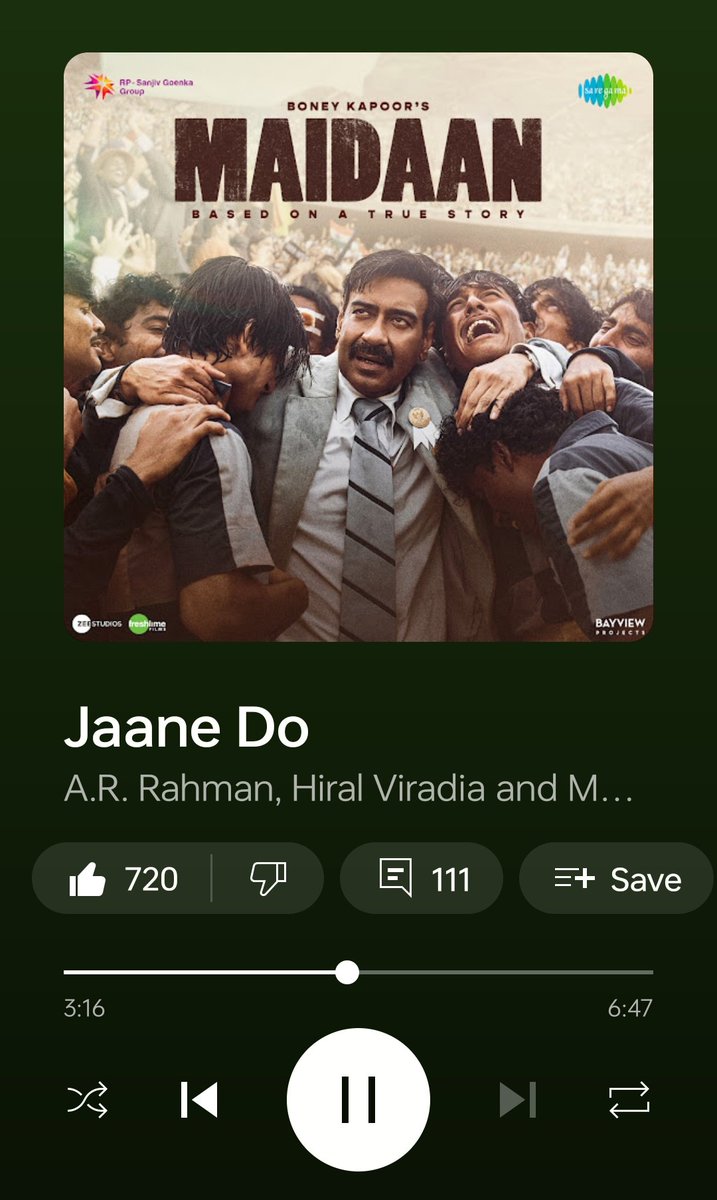 #JaaneDo from Maidaan feels almost like a fugue. #ARRahman defines a key melody which then keeps looping upon and dovetailing itself for nearly 7 min, with overwhelming dynamics between high highs and low lows. Guru's Jaage Hain comes to mind, but the scope is even wider here! ❤️