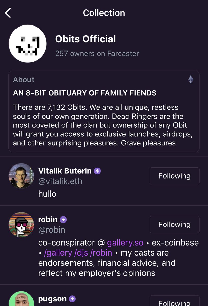 Just discovered a cool feature on <a href="/warpcast_/">Warpcast</a> . If you go to your profile and hit the NFT tab, then select a specific collection, it’ll show you everyone on Warpcast who owns an NFT from that collection.