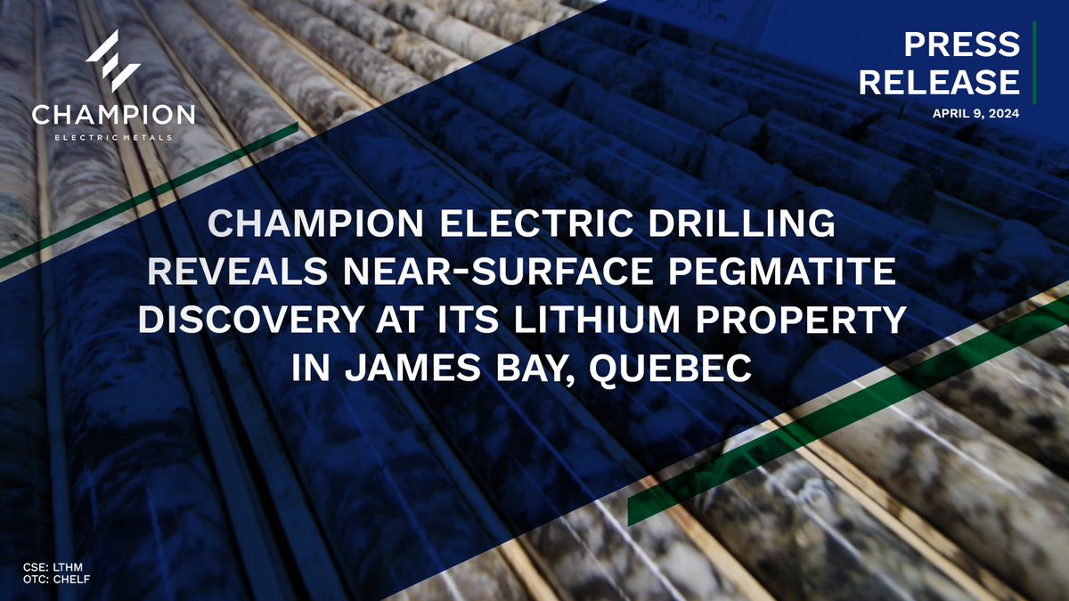 📰   NEWS → Champion Electric Drilling Reveals Near-Surface Pegmatite Discovery at its Lithium Property in James Bay, Quebec 🔗  Read the full press release: buff.ly/3J9SQFB • Intersection of 19.1 m of spodumene-bearing pegmatite at depths of 7.30 to 26.40 m, under…