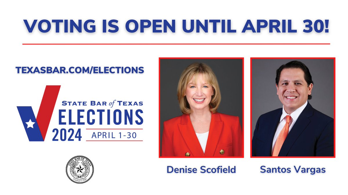 ICYMI: Voting is open for the State Bar and TYLA presidents-elect and district directors, and the 2024 rules referendum. Take the time to vote and shape the future of the legal profession in Texas. Voting is open until 5 p.m. CDT April 30 at texasbar.com/elections.