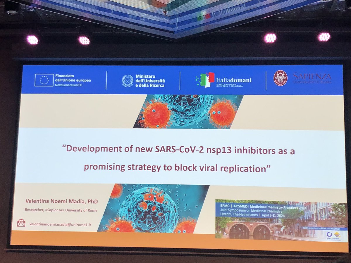 Last talk before coffe break is given by Valentina Madia (@SapienzaRoma) on the development of new SARS-CoV-2 NSP13 Inhibitors as a promising strategy to block viral replication. #MedChemFrontiers24 @EuroMedChem @AcsMedi @DCFSCI