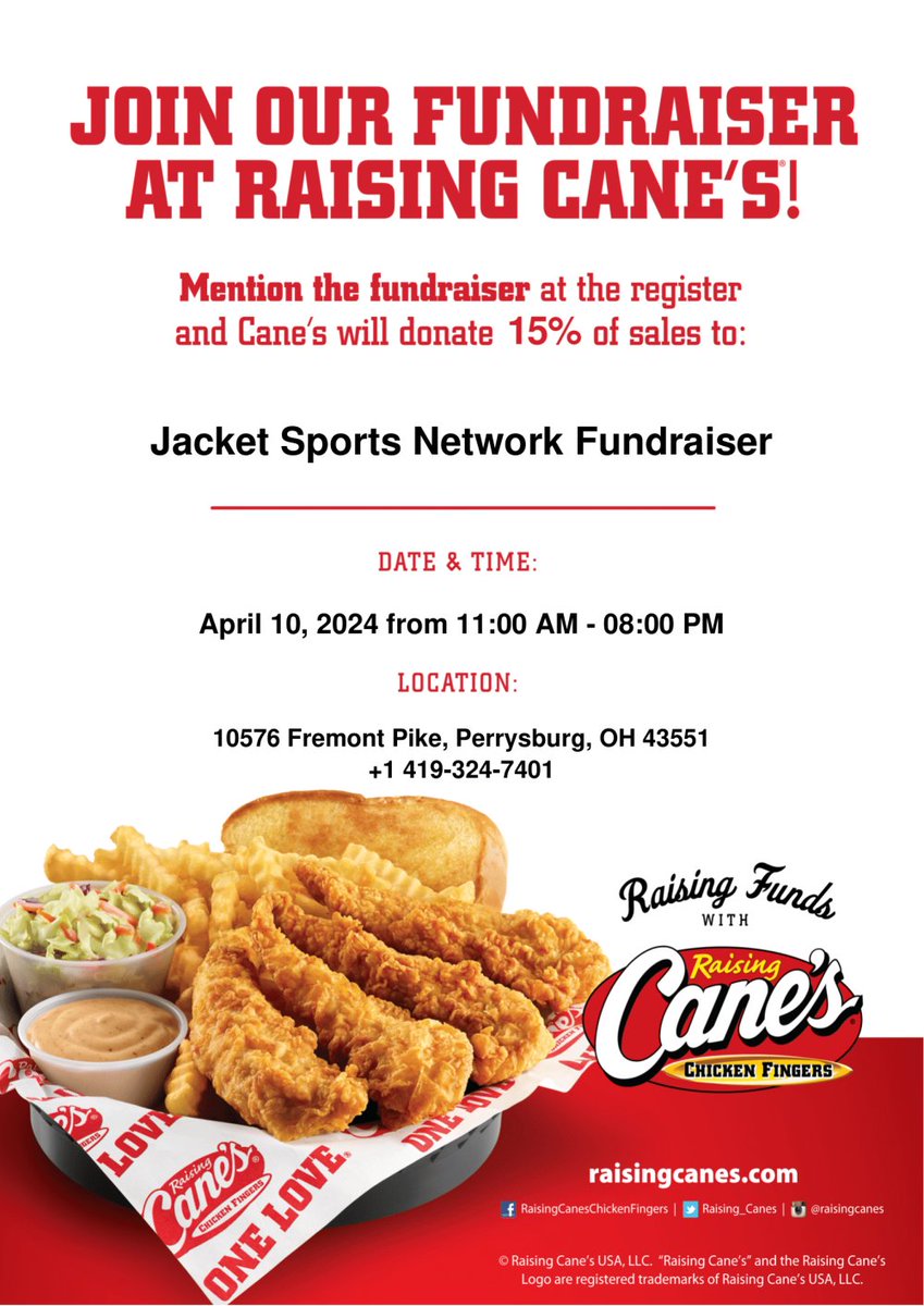 Grab some Cane's Wednesday night and help support Jacket Sports Network! From 11-8 Wednesday, Cane's will be donating 15% of sales to Jacket Sports Network and all you have to do is mention them, so leave the cooking to them tomorrow and grab a Box Combo while supporting JSN!