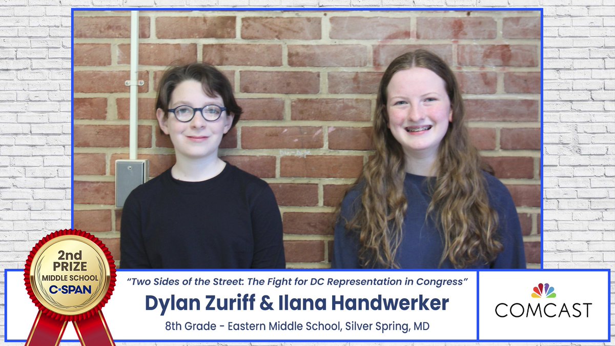 Congratulations to Dylan Zuriff &amp; Ilana Handwerker from Eastern Middle School in Silver Spring, Maryland who won 2nd Prize for their documentary on #DCStatehood, "Two Sides of the Street: The Fight for DC Representation in Congress."

Watch it here: studentcam.org/2024-2ndPrize-…