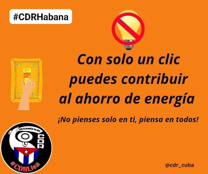 💡Si desconectas todos los equipos y las luces encendidas innecesariamente estarás contribuyendo al ahorro de energía. 

#CDRCuba #Cuba #AhorraAhora #CDRHabana