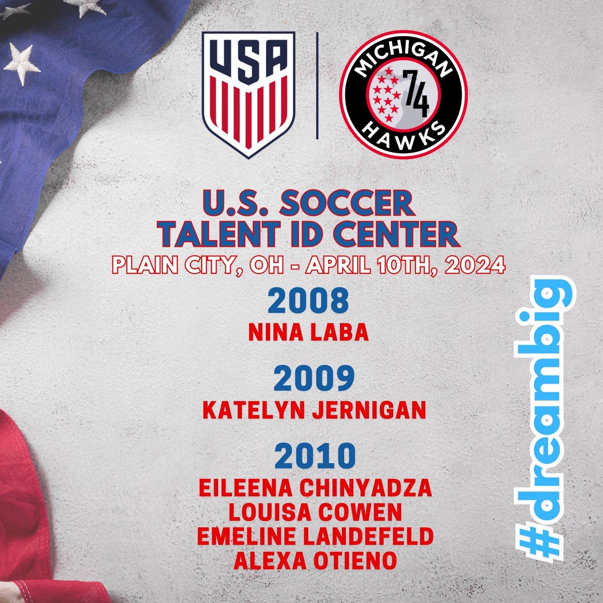 Michigan Hawks (@mihawks1974) on Twitter photo Good luck to our Michigan Hawks as they head to the U.S. Soccer Talent ID Center in Plain City, Ohio this Wednesday, April 10th! Keep dreaming big, ladies! ⚽️🇺🇸 #dreambig <a href="/USYNT/">U.S. Soccer YNT</a> <a href="/ECNLgirls/">ECNL Girls</a> <a href="/ImCollegeSoccer/">College Soccer Truth ™</a> <a href="/TheSoccerWire/">SoccerWire</a> Good luck to our Michigan Hawks as they head to the U.S. Soccer Talent ID Center in Plain City, Ohio this Wednesday, April 10th! Keep dreaming big, ladies! ⚽️🇺🇸 #dreambig <a href="/USYNT/">U.S. Soccer YNT</a> <a href="/ECNLgirls/">ECNL Girls</a> <a href="/ImCollegeSoccer/">College Soccer Truth ™</a> <a href="/TheSoccerWire/">SoccerWire</a>