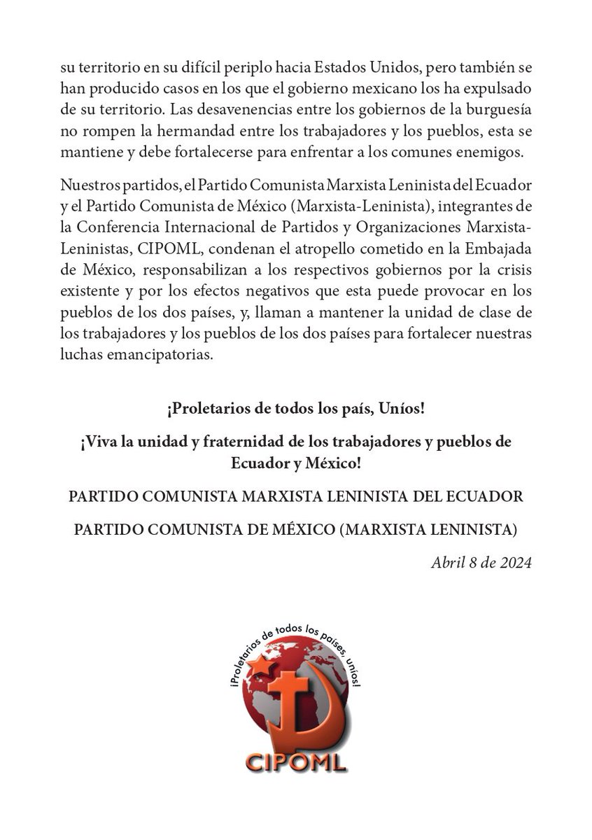 Comunicado conjunto de los comunistas de Ecuador y Mexico frente al ingreso de la Policía a la Embajada de México y la ruptura de relaciones diplomática.