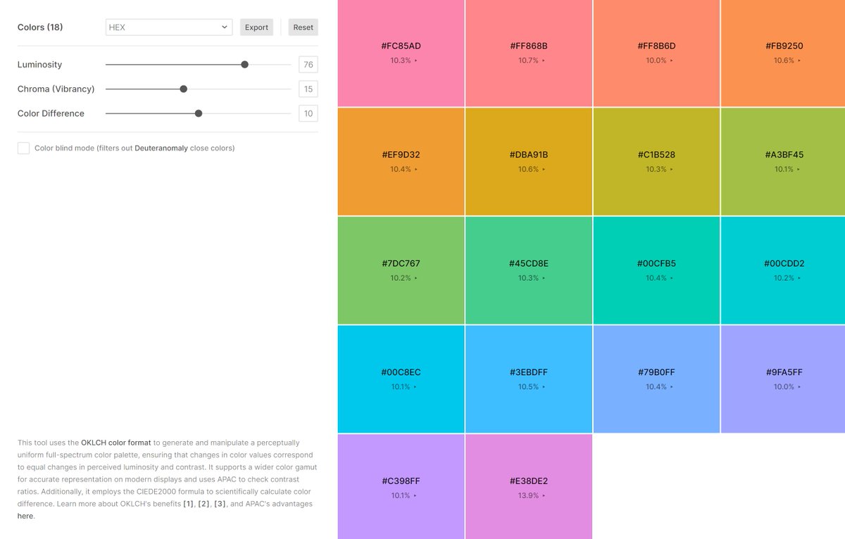 I created this tool for our team at @Frame_io and figured it could benefit others too. It generates a perceptually uniform color palette using OKLCH, APAC for contrast, and CIEDE2000 to calculate color difference. Check it out here: colors-gen.vercel.app.