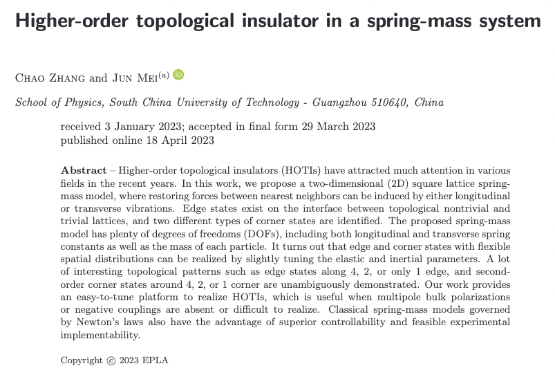 Higher-order topological insulator in a spring-mass system by Chao Zhang and Jun Mei 👉 vu.fr/PHORR