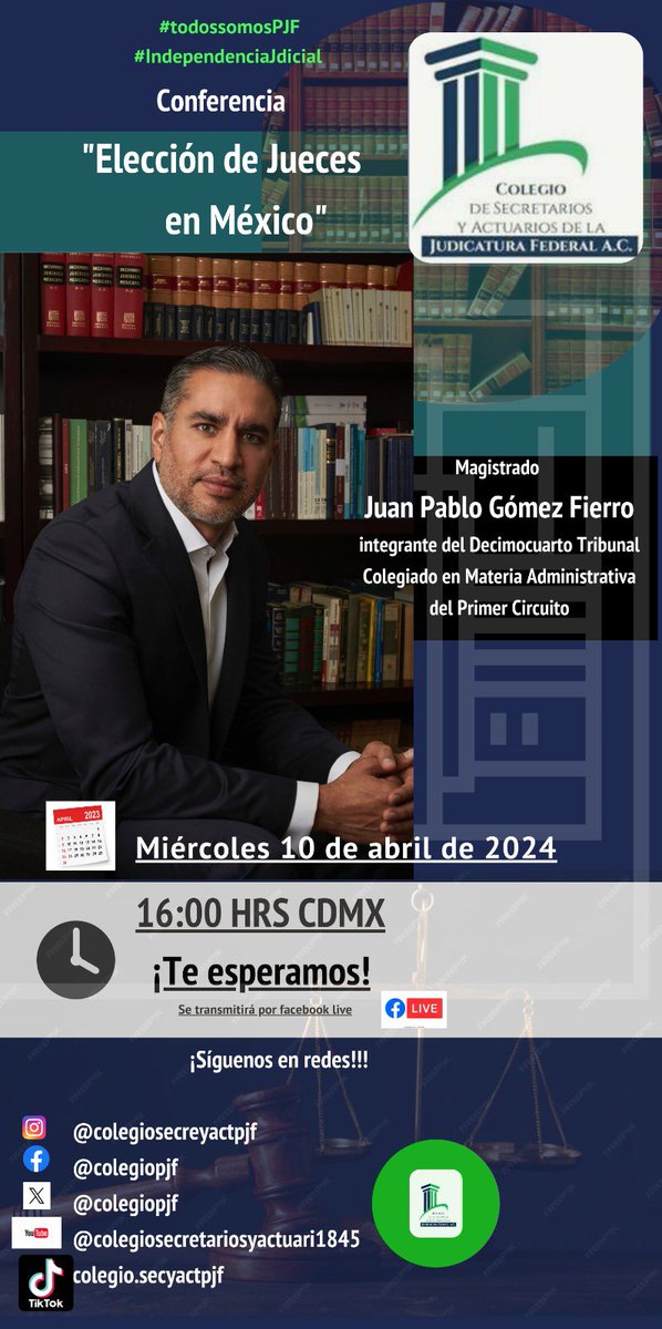 Mañana a las 16:00 horas platicaremos en Facebook live sobre la elección de jueces en México. Organiza el Colegio de Secretarios y Actuarios de la Judicatura Federal @ColegioPjf