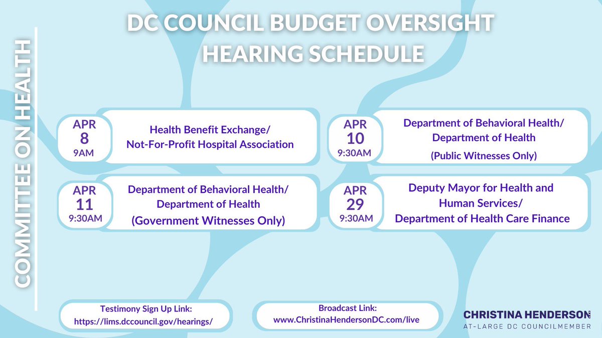 Reminder: Here’s the schedule for the Committee on Health. If you are interested in testifying or submitting written testimony you can sign up on the Council’s website at dccouncil.gov/hearings.