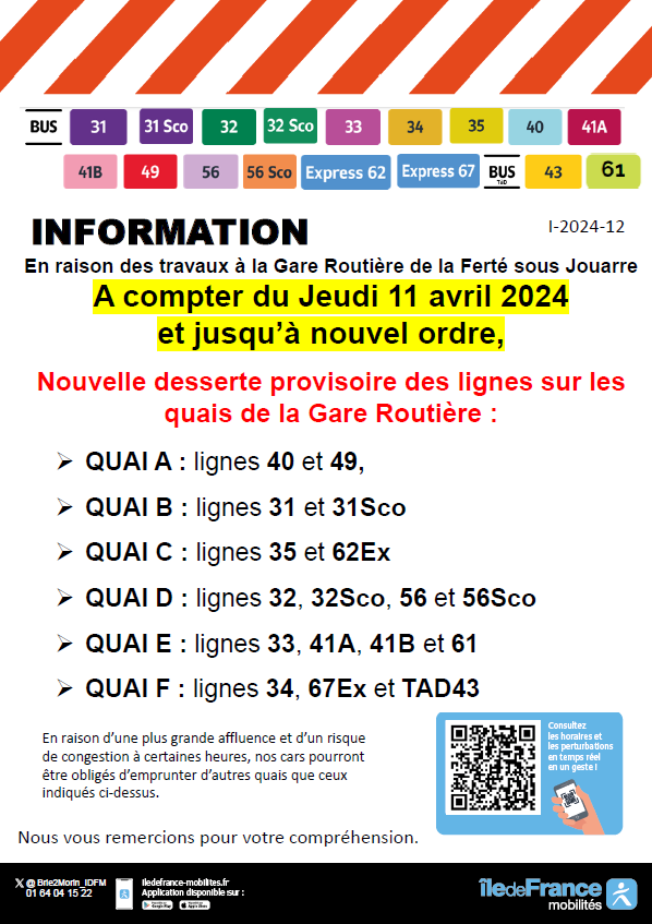 Brie2Morin_IDFM's tweet photo. 🚍#InfoTrafic
📢Lignes : #L31 #L31Sco #L32 #L32Sco #L33 #L34 #L35 #L40 #L41A #L41B #TAD43 #L49 #L56 #L56Sco #62Ex #67Ex
‼️ MODIFICATION AFFECTATION DES QUAIS ‼️
🗓️A partir du jeudi 11 avril 2024
🚧Travaux Gare SNF de La Ferté sous Jouarre https://t.co/i9Kzgy8Bc2
