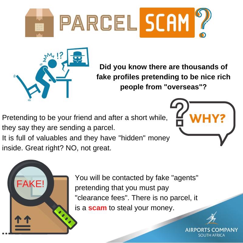 Beware of parcel scams! If an offer seems too good to be true, it probably is. Avoid paying money to individuals posing as airport or courier company representatives. If you suspect you've fallen victim to a scam, report it to your local police department immediately.