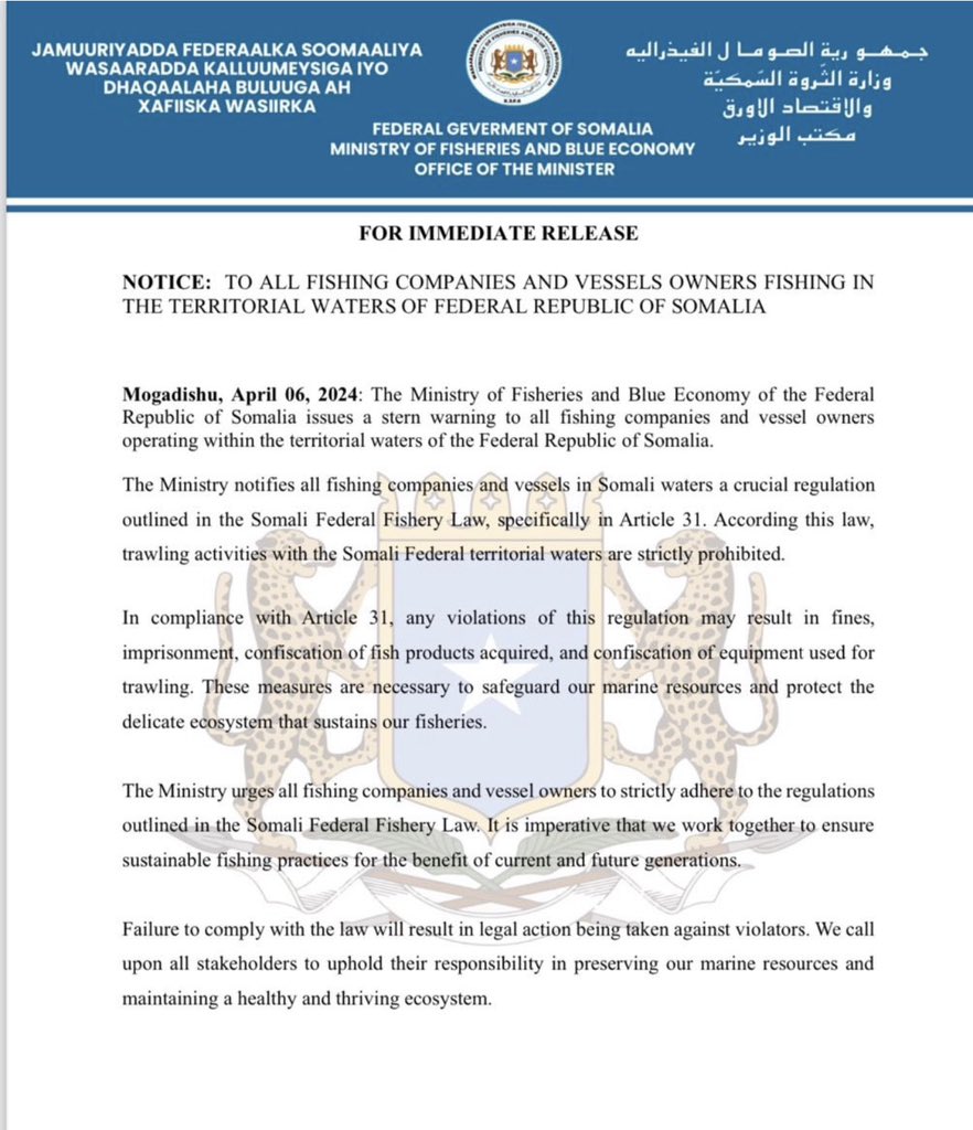 The govt has issued a stern warning to fishing companies & vessel owners against engaging in illegal fishing activities within the nation's territorial waters. In accordance with #Somalia's Fishery Law, those who disregard this advisory will be subject to legal repercussions.