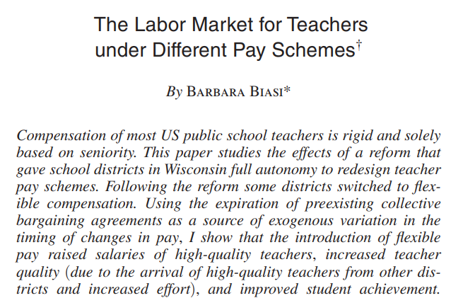 Great news that this paper by the fantastic @BarbaraBiasi won the AEA's award for Best Paper published AEJ: Policy in the past 3 years! Important insights into the impact of flexibility in teacher pay schemes on student outcomes. aeaweb.org/articles?id=10…