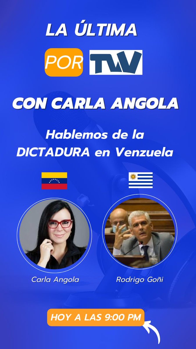 Hoy estaremos con ⁦@carlaangola⁩ TV conversando sobre la actual postura de condena de #Uruguay ante la #dictadura en #Venezuela, y los negocios oscuros realizados durante los anteriores gobiernos del Frente Amplio que explican el apoyo al régimen de #Maduro