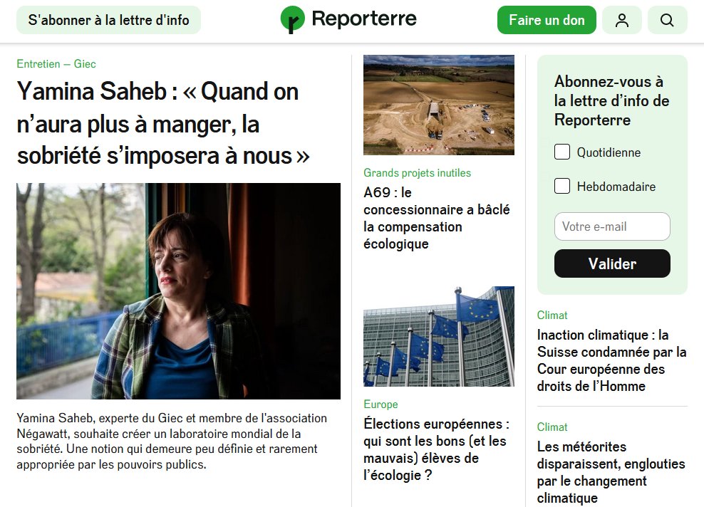 Aujourd'hui sur Reporterre.net : 🌍 Yamina Saheb : « Quand on n’aura plus à manger, la sobriété s’imposera à nous » - Photos @NnoMan1 🛣️ A69 : le concessionnaire a bâclé la compensation écologique @jeannecassard 🇪🇺 Élections européennes : qui sont les bons (et les…