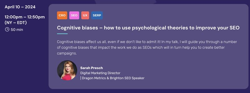 'To understand SEO, you have to understand how people think.' Tomorrow, @sarah_presch is going to be talking about cognitive biases and how they impact SEO a lot more than we think. If you'd like to watch, there's still time to register for free! seosquare.semji.com/us/