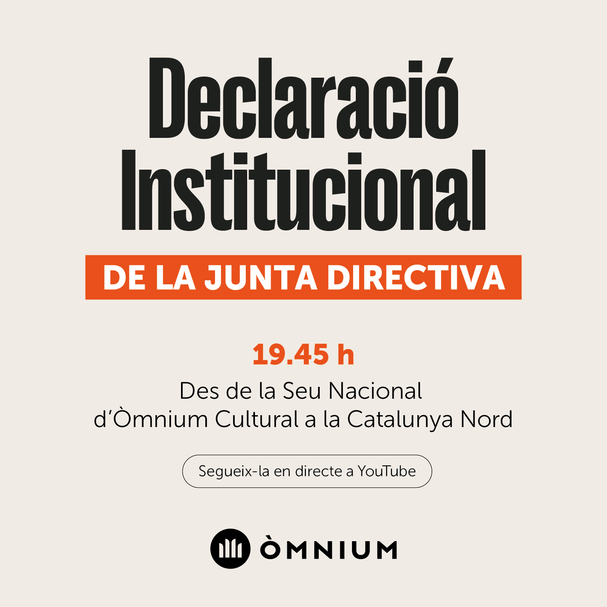 🔸 Aquesta tarda la Junta Directiva es reunirà de manera extraordinària a la Seu Nacional d’Òmnium Catalunya Nord i s’adreçarà al país en directe. 📺 Segueix-ho a les 19.45 h al nostre YouTube: youtube.com/live/rk1xhpjjA…