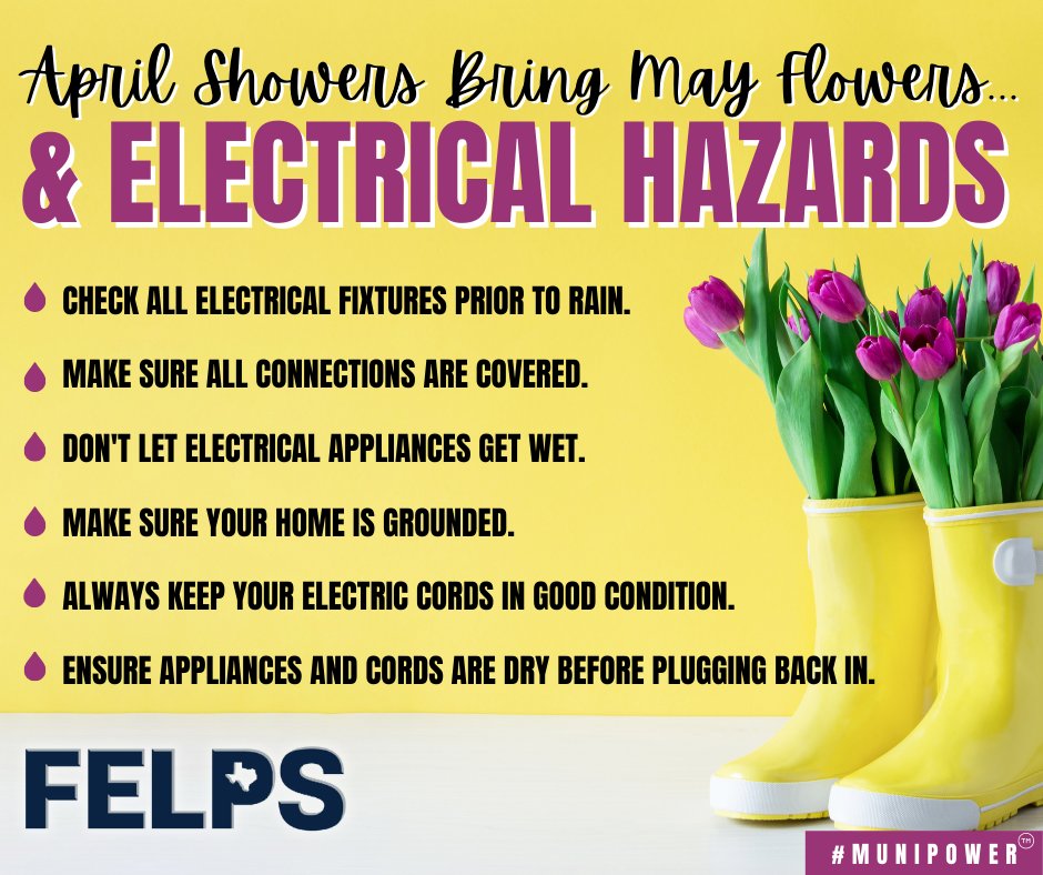 As you know, water and electricity do not mix. So, during the rainy months, make sure you're prepared! Use these tips to avoid damage to your electronics when it rains. #AprilShowers #ElectricalHazards #MuniPower