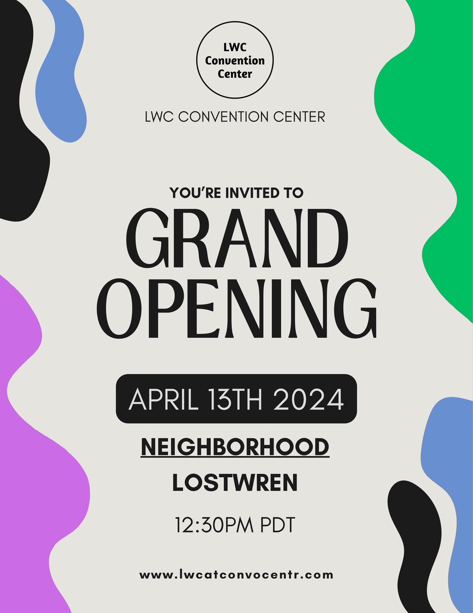 Come one come all- to the grand opening of our new LWC Convention Center location! During the event, we will start it off with a stage event with speeches by the owners and special guests! Food will be served buffet around the location with seating appropriately spread
