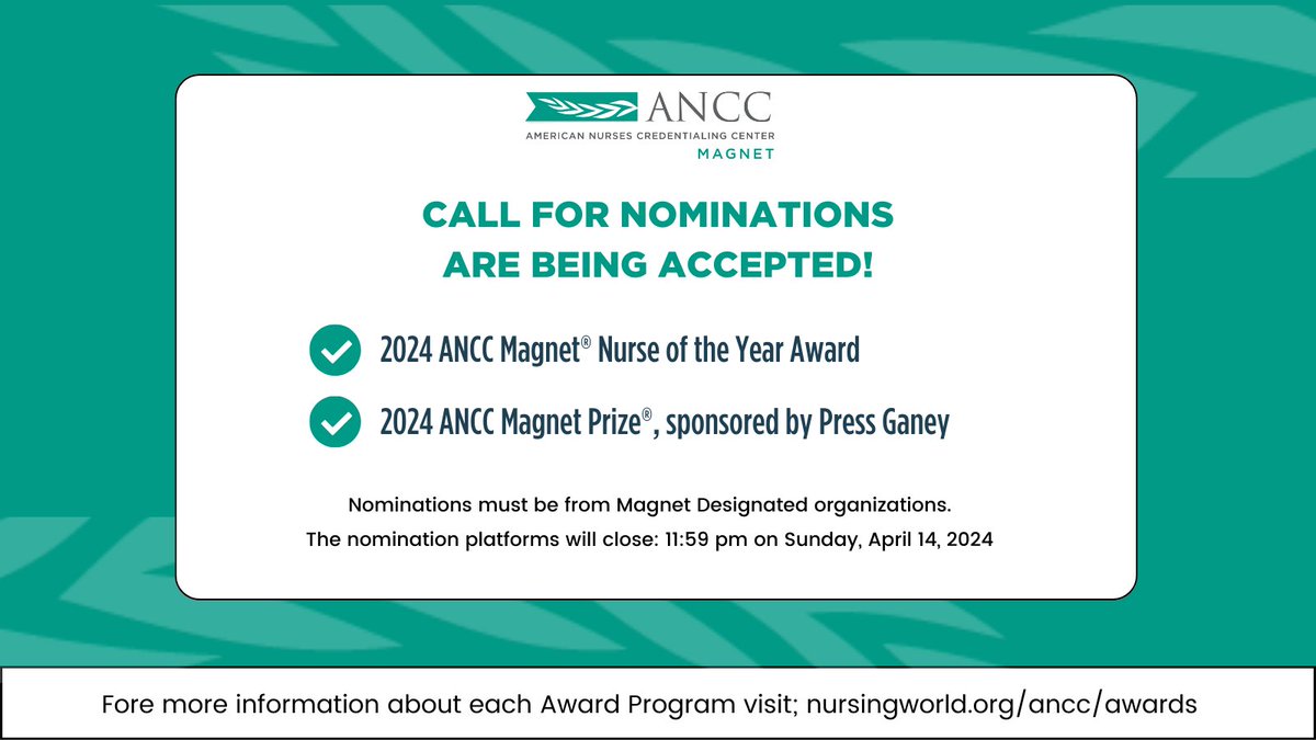 Calling all nurse leaders! 🌟 This is your moment to shine. Nominations are open for the 2024 ANCC Magnet® Nurse of the Year Award 🏅 & the ANCC Magnet Prize®, sponsored by Press Ganey! 🏆 Submissions close 4/14, at 11:59 pm. Nominate now: hubs.ly/Q02r2kYD0 💙 #ANCCMagnet