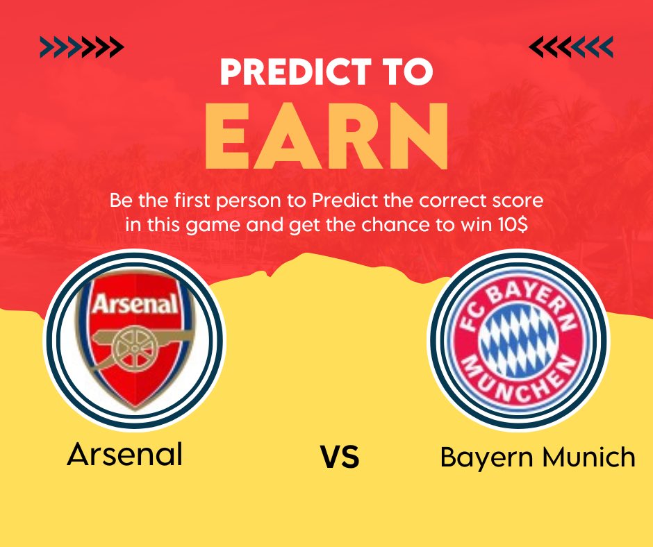 🥷 Predict The Correct Score Arsenal Against Bayern Munish 1st Comment to get the correct score gets home with **10$.** Try your luck, who knows 🥲 you might be the lucky winner. 8PM UTC+1 is the time. Use this link 🔗 below 👇 to make your comment near.org/s/p?a=freelanc… #NEAR