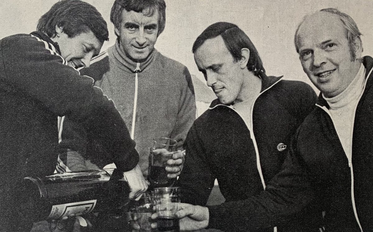 Alex Ferguson, Davie Provan, Ricky McFarlane & Eddie McDonald enjoy winning manager of the month during 1976/77