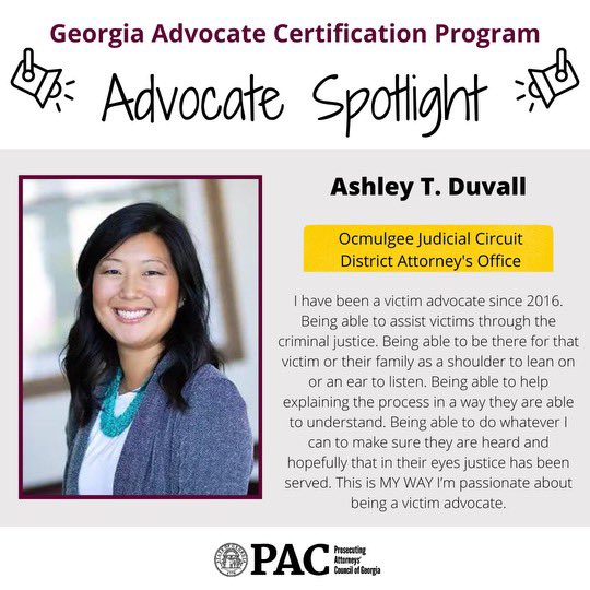 It may be raining outside, but that doesn’t stop us from shining a light on Ashley T. Duvall for becoming credentialed through the Georgia Advocate Certification Program. We appreciate your commitment to crime victims and to this program! A job well done 👏
#PACVictimServices